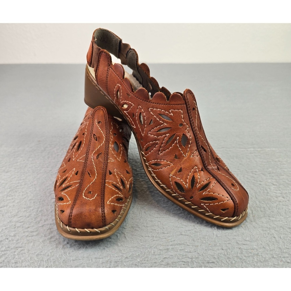 Rieker Brown Leather Cutout Slingback Comfort Shoes US 10 Floral Wedge Sandals